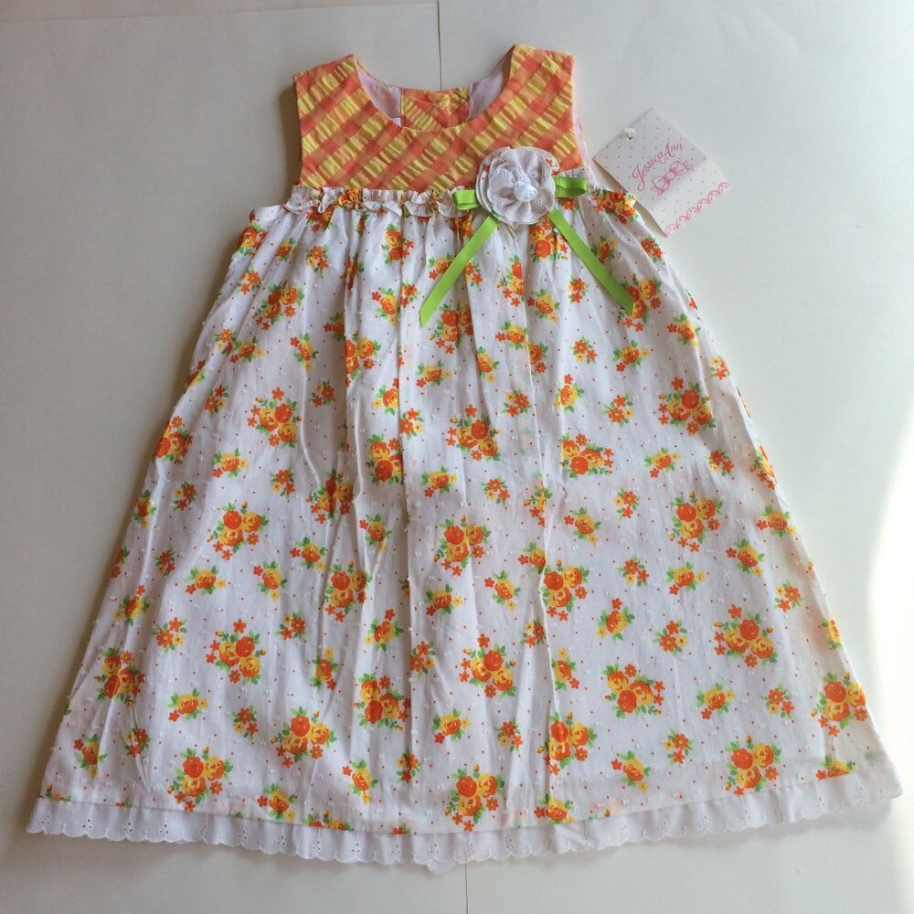 New Yellow Orange Rose Dress 4T White Swiss Dot Floral Seersucker Plaid